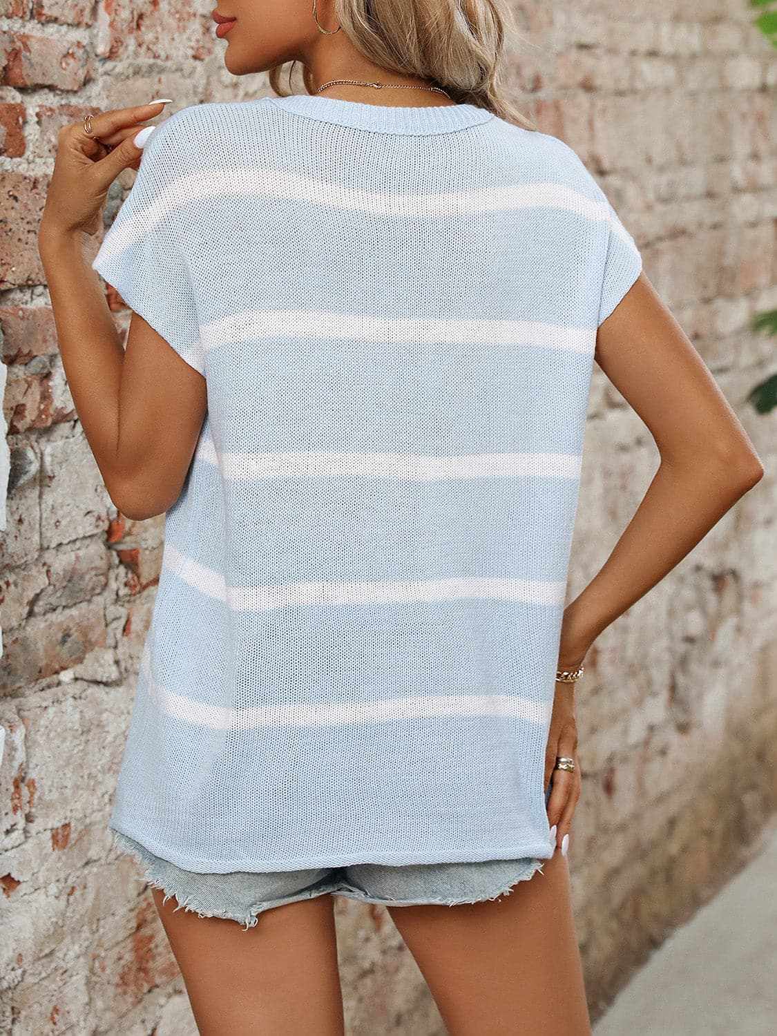Chic striped knit top - round neck, short sleeves - Love Salve